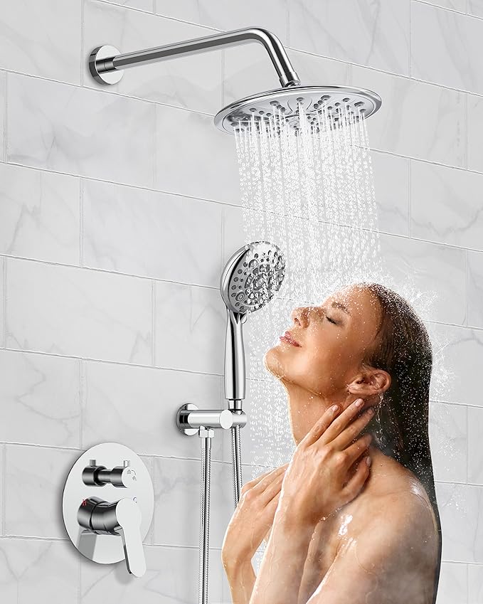 SunCleanse Polished Chrome 8.5'' Shower System w/Handheld & Valve Kit | 2-IN-1 Shower Faucet Set, 6-setting Handheld Shower Head, Rough-in Pressure-balanced Valve and Trim Kit