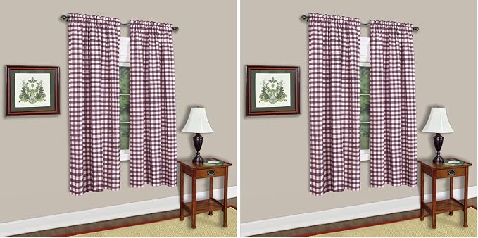 Sweet Home Collection Kitchen Window Curtain Panel Treatment Decorative Buffalo Check Design 63" Long Burgundy (Pack of 2)