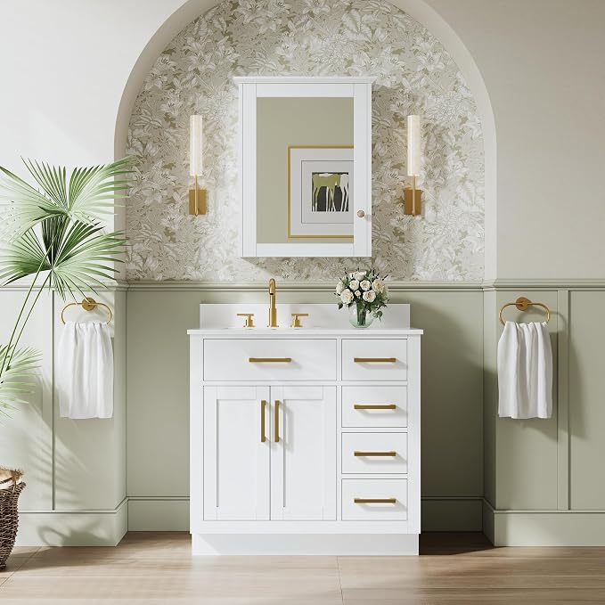 36-Inch Bathroom Vanity with Sink W/ 2 Doors & 4 Drawers & 1 Flip Drawer, White Vanity W/Brushed Gold Handles
