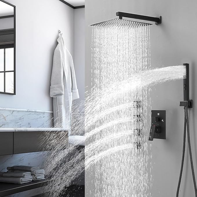 RUMOSE Rainfall Shower System with 4 Full Body Jet 4 Mode Shower Faucet Set | 12 Inch Rain Shower Head, 2 in 1 Handheld Spray, Matte Black Brass Shower Jet Shower Fixtures, Wall Mounted