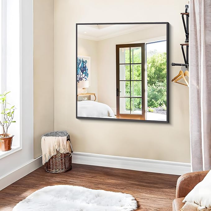 KOCUUY Black Bathroom Mirror, 36x36 Inch Square Mirror for Over Sink, Modern Decorative Wall Mirror for Bedroom Living Room Bathroom, Hang Horizontal/Vertical