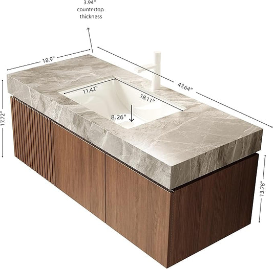 KEIKI 48 Inch Floating Bathroom Vanity with Sink, Modern Wall Mounted Storage Cabinet with Drawer, Pre-Assembled Waterproof Wood Panels, Sintered Stone Top & Ceramic Basin Combo Set, Brown Oak & Grey