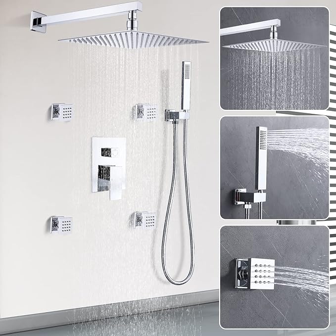 Enga Rainfall shower system with Body Jets, Shower Jets System in Wall 12 Inch Rain Shower and Handheld Spray Brass Shower Faucet Set Full Body Shower System, Chrome