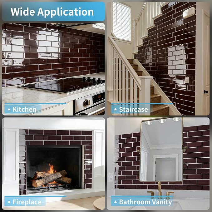 Art3d Peel and Stick Backsplash, Subway Wall Tile, 10-Pack, Dark Burgundy | 12 x 12 Inch, Water Resistant, Durable, Easy to Installation, Coastal Style, for Modern Home Decor, Kitchen, Home Improvement