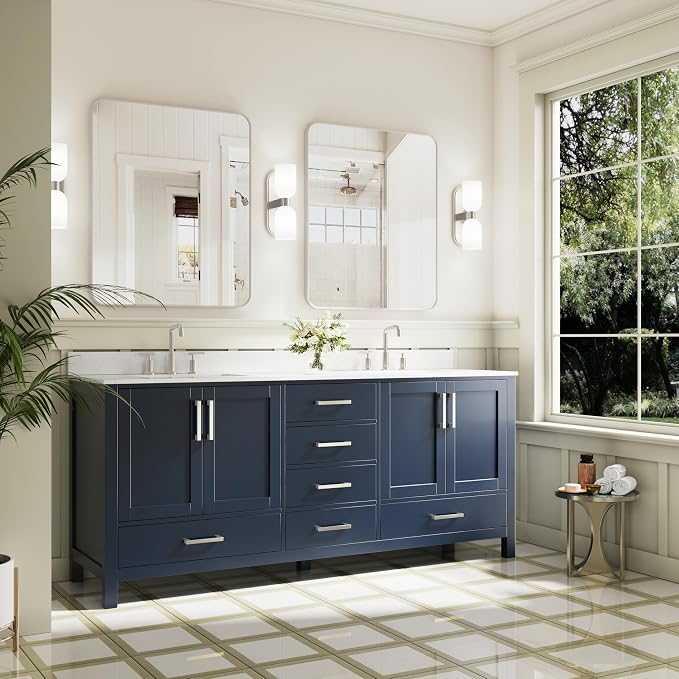 80-Inch Bathroom Vanity with Sink, 4 Soft-Close Doors and 6 Soft-Close Drawers, Bathroom Freestanding Vanity with Cultured Marble Countertop, Navy Blue Vanity with Brushed Nickel Handles
