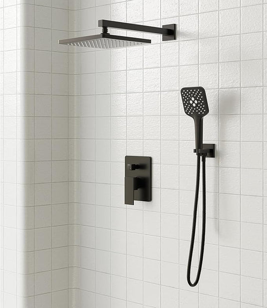 Gabrylly Shower System, 10 Inches Rain Shower Heads with Handheld Spray Combo, Wall Mounted Shower Faucets Sets Complete with Shower Valve Kit, Shower Head and Handle Set, Matte Black