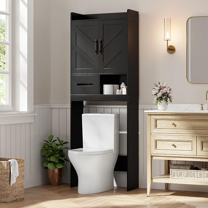 GarveeHome Over the Toilet Storage, Anti-Tip, Adjustable Shelf, Black | Bathroom Cabinet, Toilet Paper Holder, Sturdy Build, for Bathroom Restroom Laundry