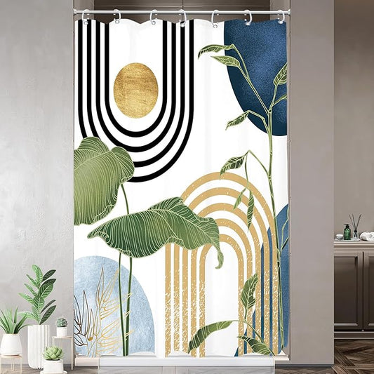 Glawry Navy Blue Boho Shower Curtain Small Stall Abstract Mid Century Light Blue Tropical Palm Sun Plant Minimalist Bathroom Modern 48Wx72L Inches Bath Accessories Art Home Decor Fabric 8 Pack Hook