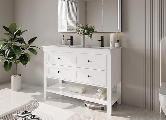 eclife 48" Bathroom Vanity with Sink Combo, Modern Painted Vanities Cabinet with Big Drawers, Opening Bottom Shelf, Raised Foot Pads, Include Undermount White Sink, Faucet & Drain, White