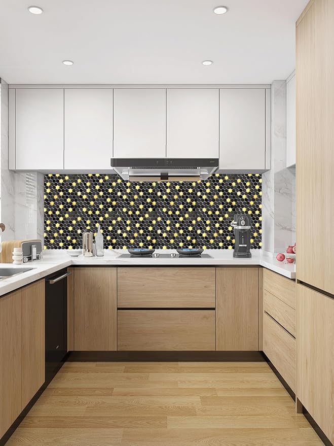 Black and Gold Backsplash Wall Tiles Hexagon Mosaic Shower Floor Tile Kitchen Bathroom Tile (Box of 5 Sheets)
