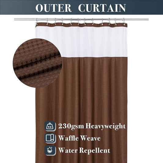 N&Y HOME Waffle Weave Shower Curtain with Snap-in Liner Set Brown, 71x72 | 12 Metal Hooks Included, Snap on Fabric Liner, Mesh Window, Washable, Hotel Style Shower Curtain Set for Bathroom