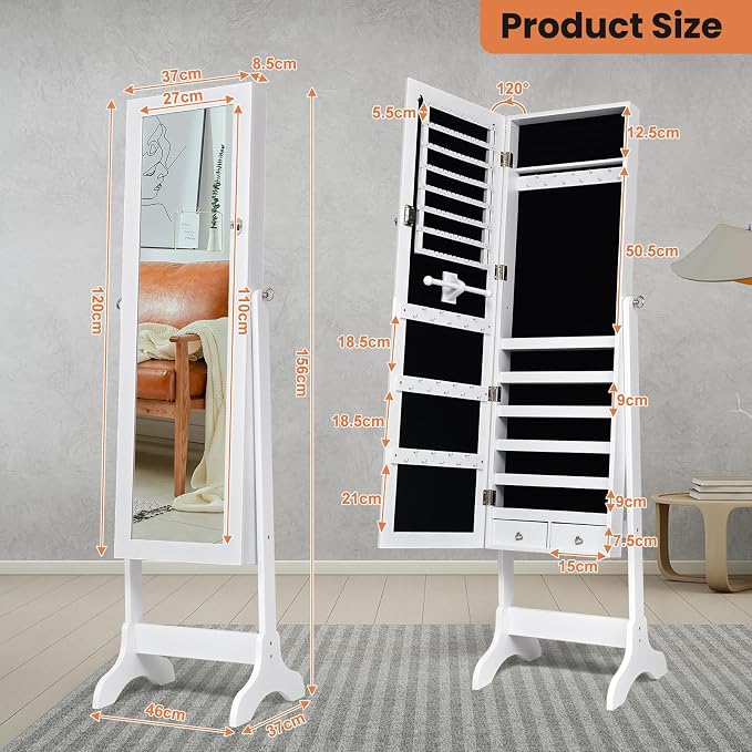 NAFORT Standing Mirrored Jewelry Box, Jewelry Armoire Storage Organizer Large Capacity, Wooden Mirror Jewelry Cabinet, 4 Angle Adjustable Full-length Storage mirror with 2 Drawers, White