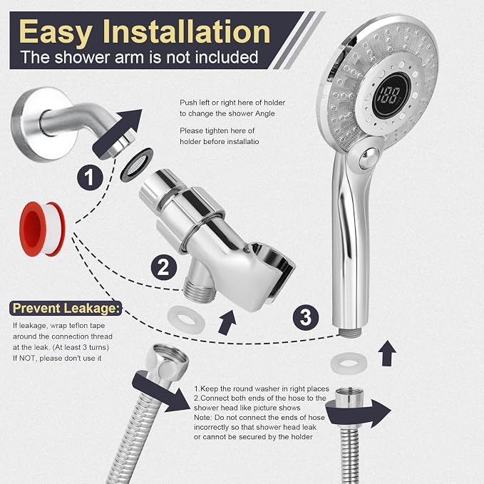 LED Shower head with Temperature Display with 59" Stainless Steel Hose | Temperature Display Sensor Light up with 3 Color, Water Saving Showerhead with Shower Adapter