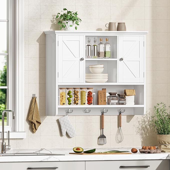 Bathroom Wall Cabinet with Doors and Hooks, 3-Tier Wall Mounted Cabinet | Farmhouse Medicine Cabinet with 3 Open Shelves, Over the Toilet Storage Cabinet for Kitchen, Laundry Room, Living Room, White