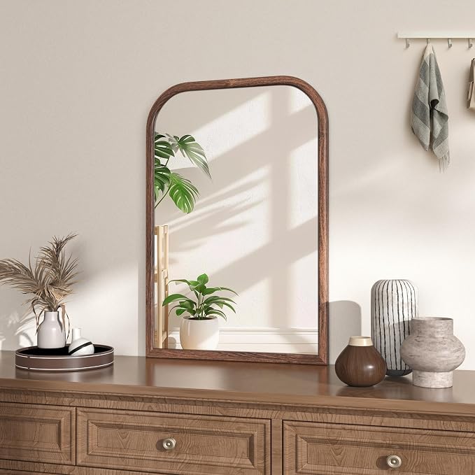 20"x30" Arch Wall Mirror for Wall, Wall Mounted Vanity Mirror for Bedroom, Wood Grain Finish Frame Mirror with Tempered Glass, Vintage Decorative for Bathroom, Entryway, Living Room, Walnut