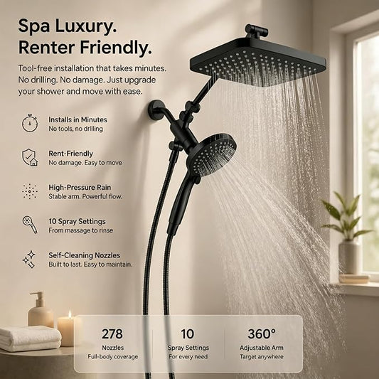 High Pressure Shower Head with Handheld, Upgrade Rain Shower Heads with Fixed Showerhead Combo, 10 Sprays Handheld Shower Head Built in Power Jets, 71" Long Hose, Matt Black