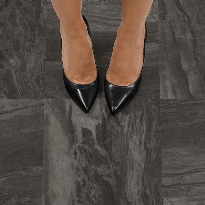 FloorPops Raven Peel and Stick Floor Tiles, Black Stone Look Removable Vinyl Flooring, Self Adhesive Floor Tiles for Kitchen Bathroom Entryway