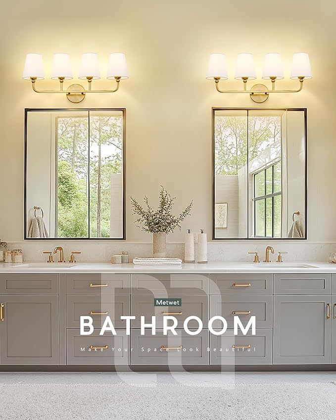 4-Light Brushed Gold Bathroom Vanity Light, White Fabric Shades | 28" bathroom light fixtures over mirror, upward only, E26 base, bulbs not included, VL837-BG-4