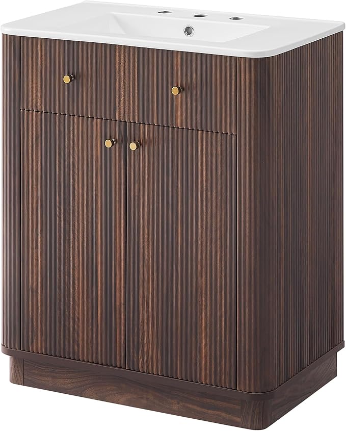 T4TREAM 30 Inch Bathroom Vanity with Sink, Modern Fluted Single Bathroom Vanity with Sink with Storage Cabinet, Adjustable Shelf, Dark Walnut