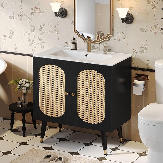 DWVO 36 Inch Rattan Vanity with Sink | Freestanding Bathroom Vanity Cabinet, Boho Style with 2 Large Soft‑Closing Doors & Four‑Sided Water Barrier Strip, Black