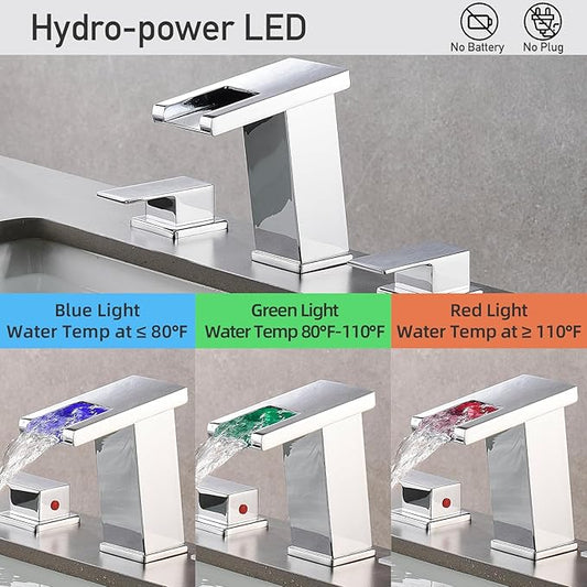 LED Bathroom Faucet 3 Hole, Chrome Waterfall Bathroom Faucets, 8 Inch Widespread Modern Bathroom Sink Faucet & Parts, Wide Spread Touch On Three Hole 2 Handle 3 Piece Bathroom Vanity Faucet