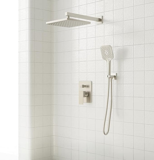 Gabrylly Shower System, Wall Mounted Shower Faucets Sets Complete for Bathroom with High Pressure 10" Rain Shower head and 3-Setting Handheld Shower Head Set, 2 Way Shower Valve Kit, Brushed Nickel