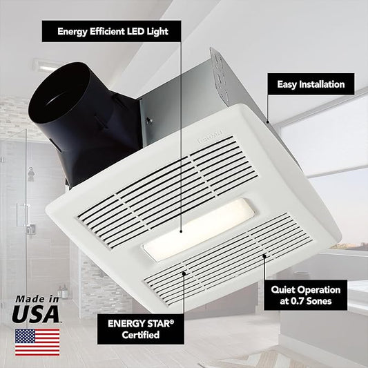 Broan-Nutone AE80BL InVent Series Single-Speed Fan with LED Light, Ceiling Room-Side Installation Bathroom Exhaust Fan, ENERGY STAR Certified, 0.7 Sones, , White , 80 CFM 0.7 Sones