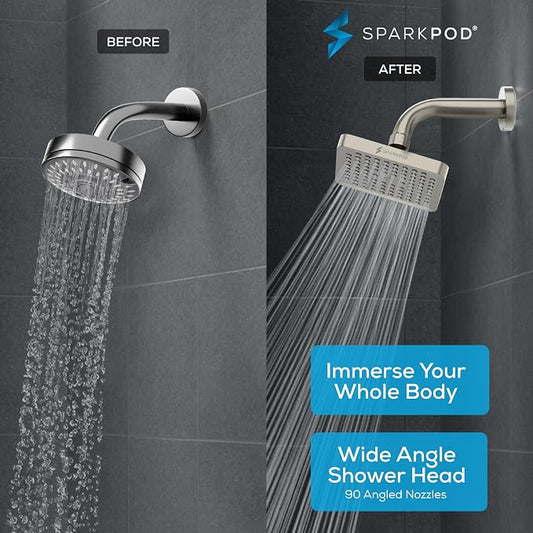 SparkPod Rain Shower Head, 6 Inch Square, Elegant Brushed Nickel Finish | High Pressure Shower Heads, 90 Nozzles, Adjustable Showerhead, No Tools Needed, Universal Connection