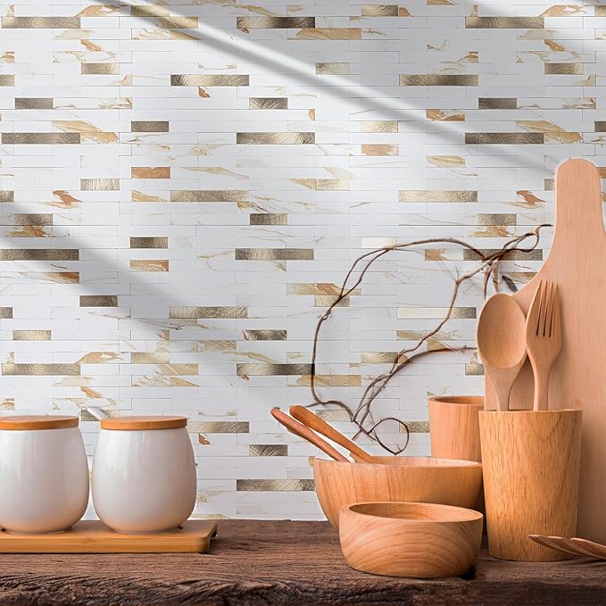 StyloVue 20 Sheets Peel and Stick Backsplash for Kitchen, 2026 Upgraded Calacatta Gold with Metal Glod Look Stick on Tile Upgrade Your Kitchen Backsplash, RV, Fireplace