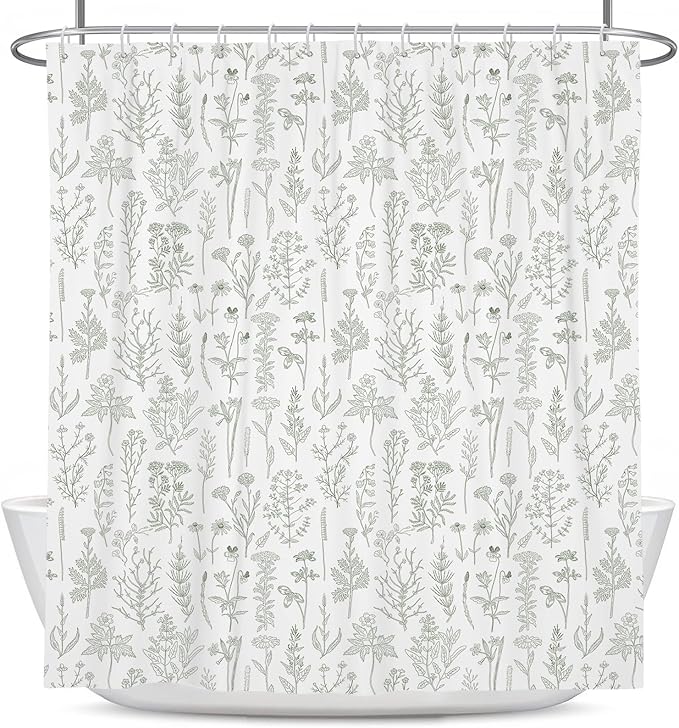 Coxila Vintage Floral Shower Curtain Sage Green and White Flower Retro Cute Rustic Country Spring Summer Fun Boho Plant Botanical Leaf Greenery Bathroom 60 x 72 Inch Polyester Fabric 12 Pack Hooks