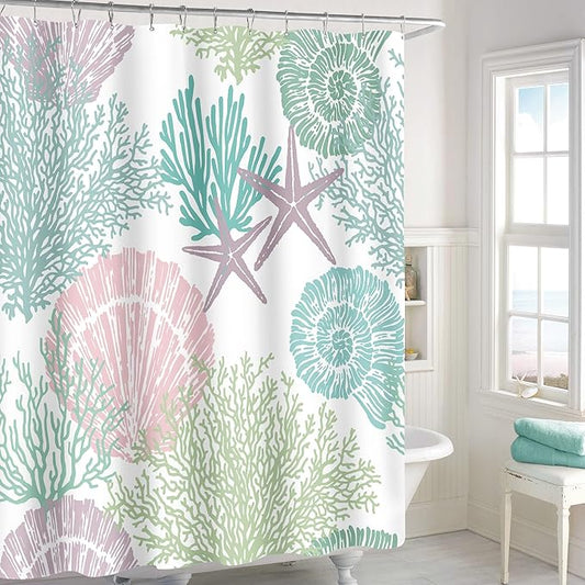 Small Stall Shower Curtain 36 x 72 Inch, Half Narrow Pink Green Nautical Coastal Bathroom Shower Curtains, Summer Tropical Seashell Starfish Coral Beach Ocean Themed Shower Curtain