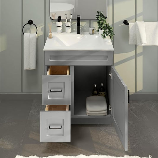 30" Shaker Bathroom Vanity Sink Base with Drawers (Ready-to-Assemble) (Light Grey Shaker Vanity Base)