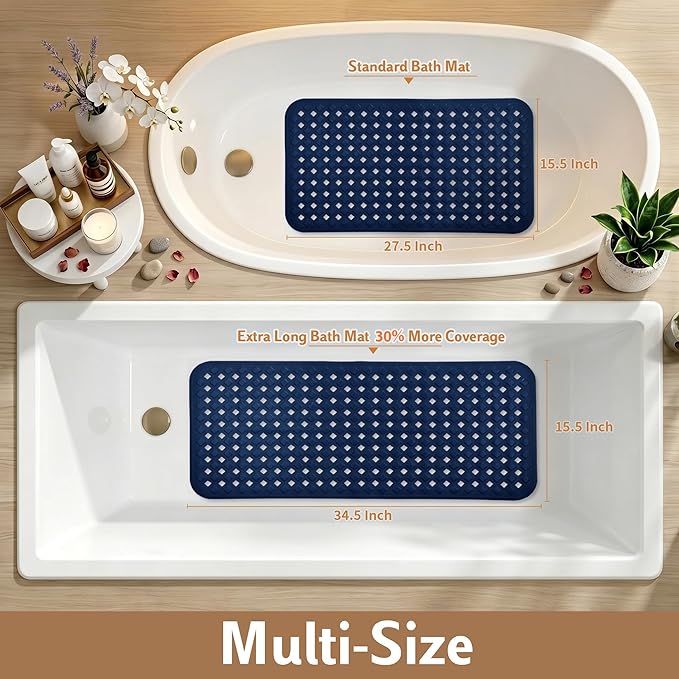 Yimobra Bathtub Mat Non Slip, Shower Mat with Strong Suction Cups & Drain Holes, 28"X16", Anti Slip Bath Tub Mat for Inside Shower, Machine Washable Fast Drying, Bathroom Essentials,Navy Blue