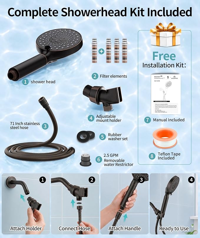 SR SUN RISE Filtered Shower Head with Handheld High Pressure 9 Spray Mode Showerhead Detachable Shower Head Water Softener Filters Beads for Hard Water Remove Chlorine 4 Filters ORB