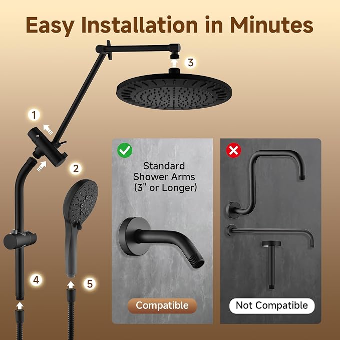 BRIGHT SHOWERS Rain Shower Head with Handheld Spray, High Pressure Dual Shower Head, Adjustable Extension Arm & Slide Bar, 9 Spray Modes Built-in Power Wash, 3-Way Diverter, 69" Hose, Matte Black