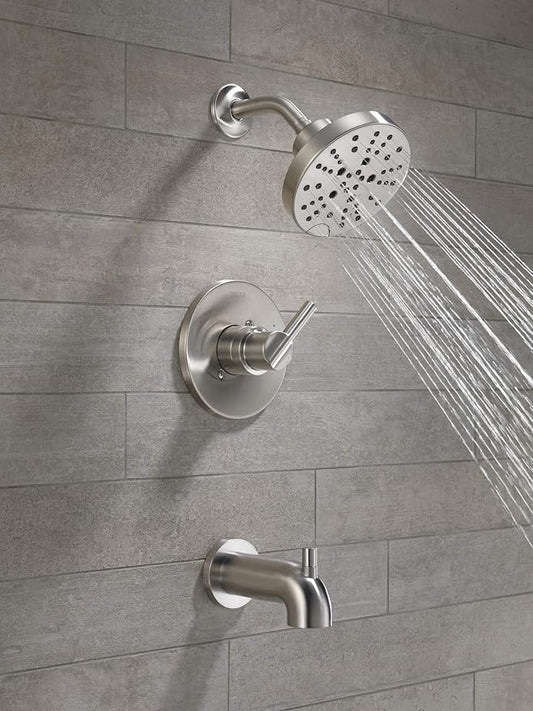 Delta Nicoli 14 Series H2Okinetic Bathtub and Shower Faucet Set, Brushed Nickel Shower Head and Handle Set, Valve Trim Kit, Stainless 144749-SS (Valve Included)