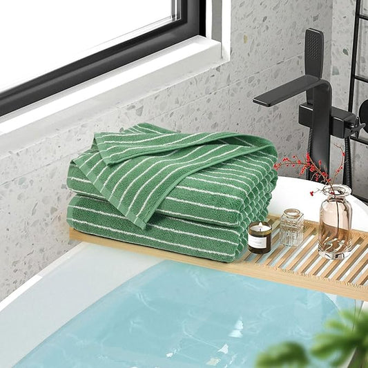 Bath Towels 2 Pack, Lighter & Quick Dry Towels Large 27.5 x 55 inches, | Luxury Terry Cotton Towels for Bathroom Beach Swim, Forest Green & White Striped