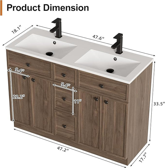 LUCKWIND 48" Bathroom Vanity Sink Combo, Modern Bathroom Cabinet with Double Undermount Solid Surface Vanity Sink, Soft-Close Hinges & Water-Saving Faucet, Taupe