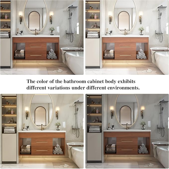 36 inch Modern Floating Bathroom Vanity with Sink, Wall Mounted Solid Wood Bathroom Cabinet with Ceramic Sink, 2 Soft Closing Drawers & Open Storage Shelves, Bronze Metal Handle, Walnut