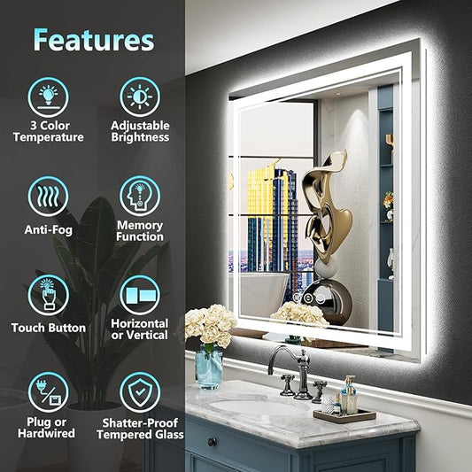 36x36 LED Bathroom Mirror with Lights, Backlit and Front Lit Anti-Fog Lighted Vanity Mirrors for Bathroom Wall, Dimmable, 3-Color Light, Memory, Shatter-Proof, HD Tempered Glass, CRI>90