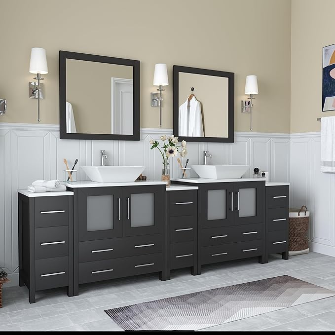 Vanity Art 96 Inch Vessel Double Sink Bathroom Vanity Cabinet with 2 Mirrors, Engineered Marble Top Bathroom Cabinet Compact Set with 13 Dovetail Drawers, Soft Closing Doors, VA3130-96-E