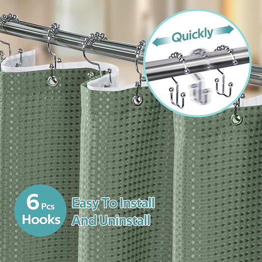 3 in 1 Shower Curtain Set, Waffle Shower Curtain and Liner Set with 6 Double Sided Shower Curtain Hooks, 258GSM Luxury Weighted Cloth Shower Curtain for Shower Stall, 36 W x 72 H, Sage Green