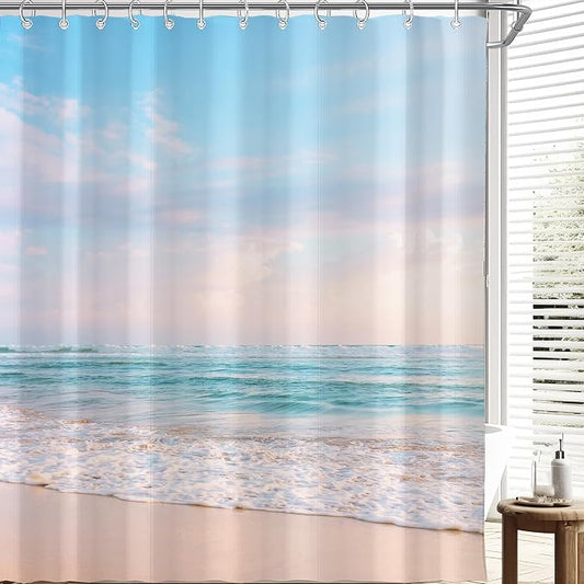 Extra Long Ocean Beach Coastal Seaside Shower Curtain for Bathroom 72W*84H Inch Nautical Summer Seacoast Beachy Waves Seascape Nature Bathtub Decor Waterproof Polyester Fabric Set