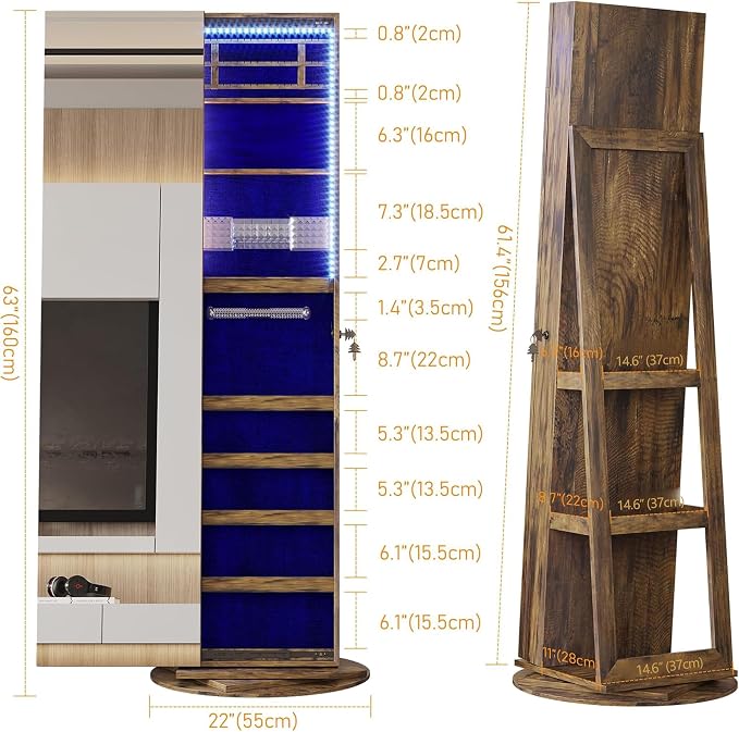 LVSOMT LED Jewelry Cabinet with Sliding Full Length Mirror,Retro Brown | 360° Swivel Mirror with Storage, Lockable Jewelry Armoire Organizer with 23 Rear Shelves for Bedroom, Gift for Women