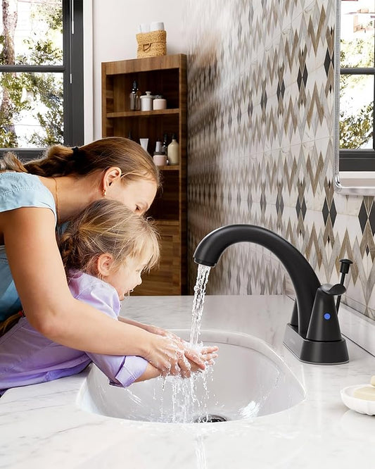 WOWOW Black Bathroom Faucet 2 Handle Bathroom Sink Faucet 4 inch Centerset Bathroom Faucets 3 Holes Lavatory Faucet with Lift Rod Drain Stopper Vanity Faucet Lead-Free Basin Mixer Tap Matte Black