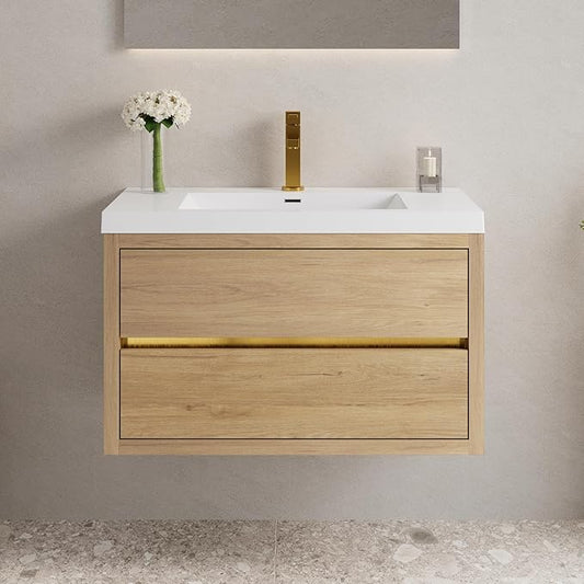 Abruzzo 36" Natural Oak Wall-Mounted Bathroom Vanity with Sink, Stone Resin Countertop & Soft-Close Drawers, Waterproof Wood Cabinet for Small Bathrooms