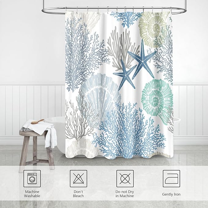 Extra Long Shower Curtain 72 x 84 Inch,Tall Nautical Coastal Fabric Shower Curtains for Bathroom, Summer Tropical Seashell Starfish Coral Beach Ocean Themed Shower Curtain, Blue