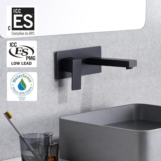 SUMERAIN Matte Black Bathroom Faucet Wall Mount, Single Handle | Basin Faucet, Rough in Valve Included, Left-Handed Design
