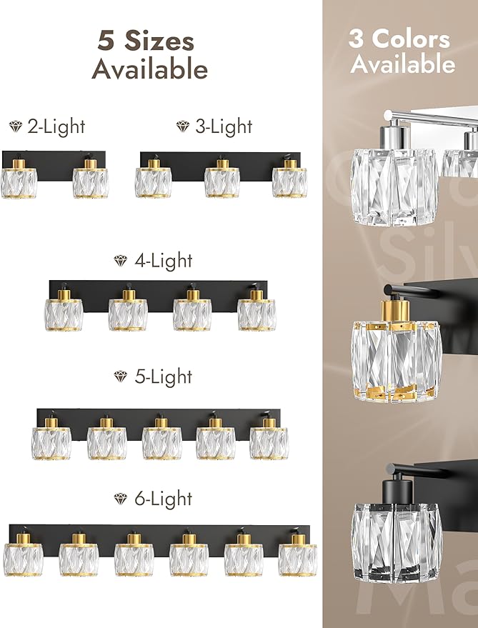 VOLISUN Crystal Vanity Lights for Bathrooms, 6 Light Bathroom Vanity Light, Black and Gold Bathroom Light Over Mirror, Modern Bathrooms Lights Fixtures-UL Certificated(Exclude Bulb)