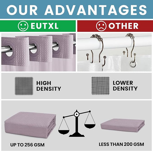 EUTXL Heavyweight Waffle No Hook Shower Curtain with Liner, Lavender, 71x74 | Snap in Liner, 256GSM, Thick, Hotel Luxury Spa, Waterproof Fabric, Corner Magnets, 3 in 1 Set, Washable, Hang in Seconds